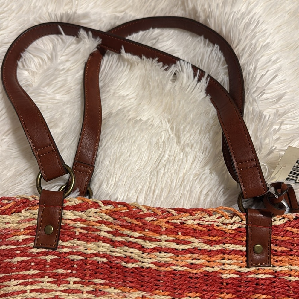 Lucky Brand ๐ Red, Orange, & Tan Woven Straw Tote Bag w/ Brown Handles Nโฆ - Picture 6 of 16